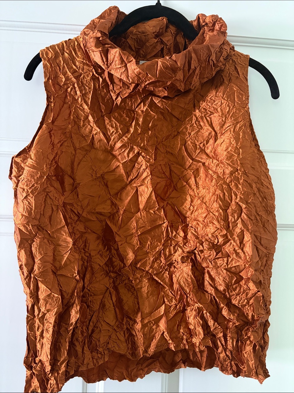 French Sleeveless Crinkled Cowl Neck Top in Burnt Orange